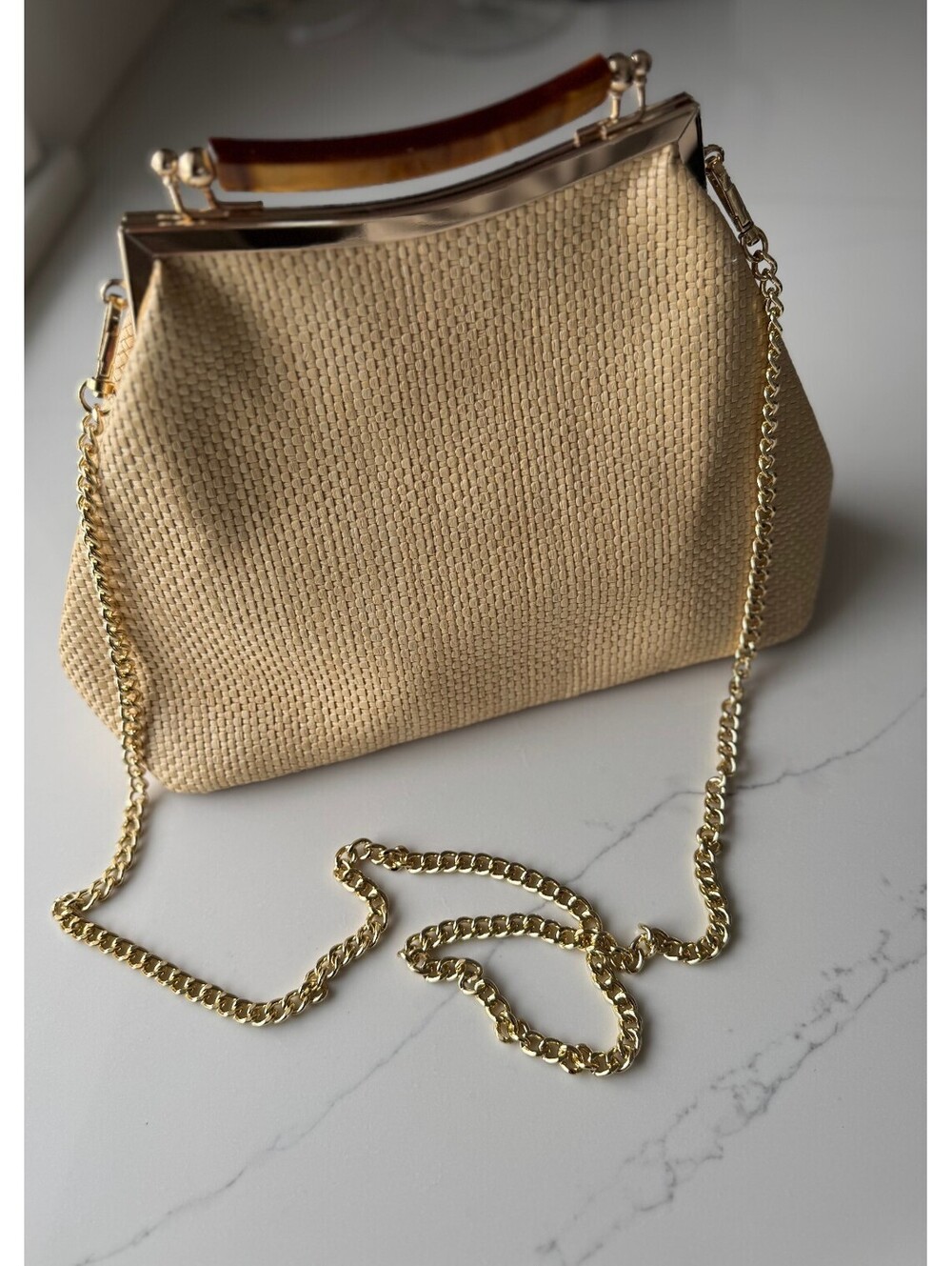 Stella Bianca Beige Woven Handbag with Gold Chain Strap